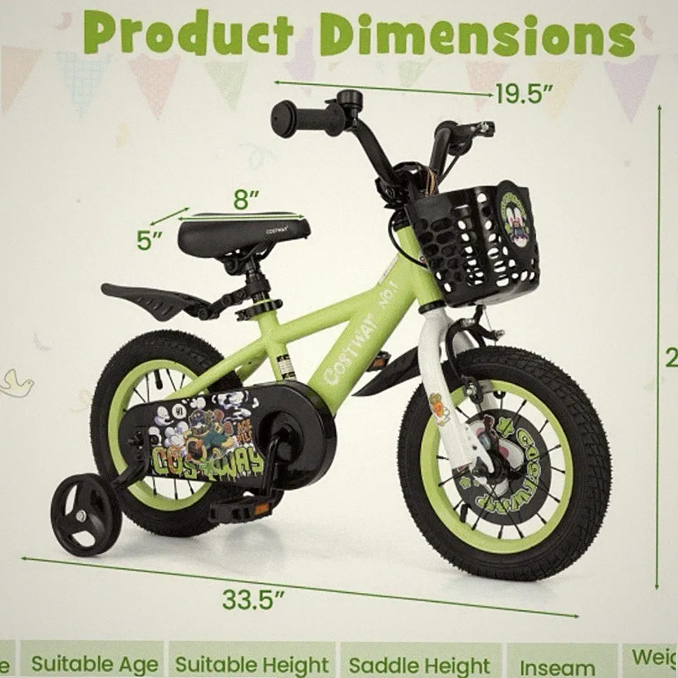 Costway 12" Kids Bike Green Adjustable Seat Training Wheels Basket Bell Steel